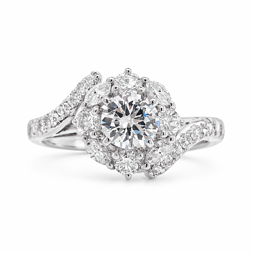 Radiant Halo Cluster Diamond Engagement Ring in White Gold