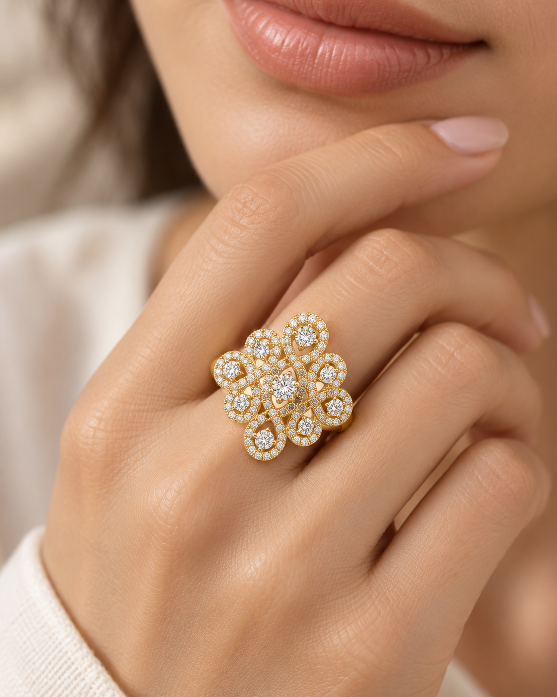14K Yellow Gold Diamond Cluster Cocktail Ring - Image 2