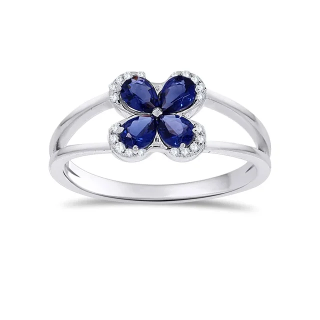 Blue Sapphire Clover Diamond Ring in White Gold