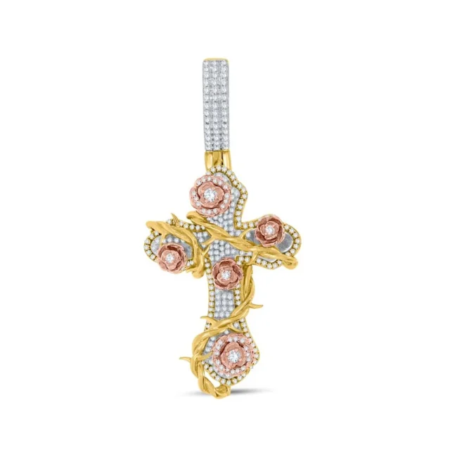 Floral Diamond Rose Vine Cross Pendant in Two-Tone Gold
