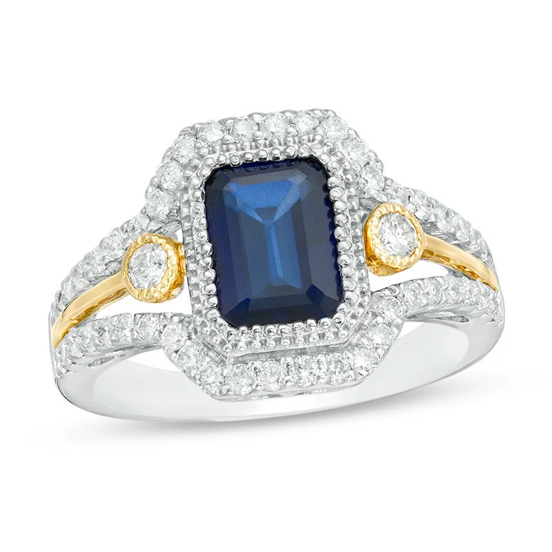Royal Blue Sapphire & Diamond Halo Ring in Two-Tone Gold