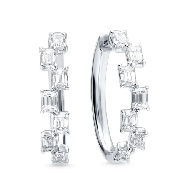 Emerald-Cut Diamond Hoop Earrings in White Gold