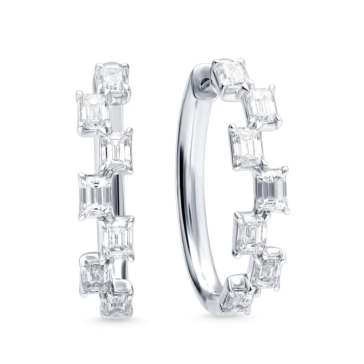 Emerald-Cut Diamond Hoop Earrings in White Gold