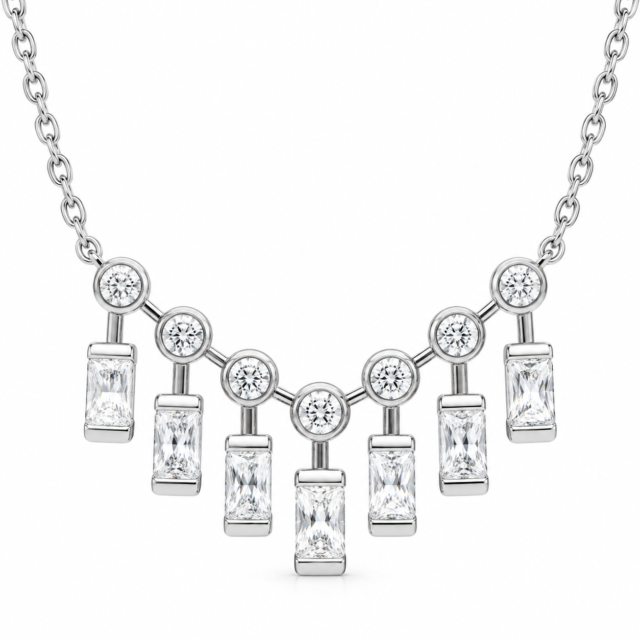 Radiant Baguette & Round Diamond Bar Necklace in White Gold