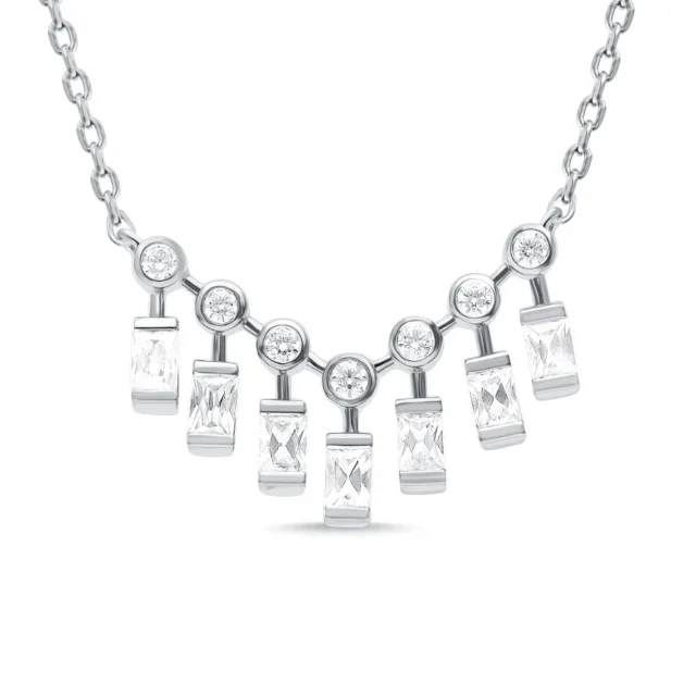 Radiant Baguette & Round Diamond Bar Necklace in White Gold