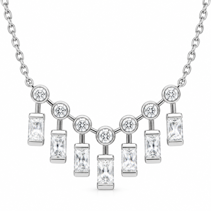 Radiant Baguette & Round Diamond Bar Necklace in White Gold
