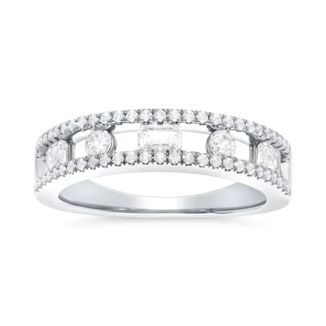 Diamond Dual Row Geometric Band Ring in White Gold