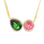 Duet Harmony Tourmaline and Diamond Halo Pendant Necklace