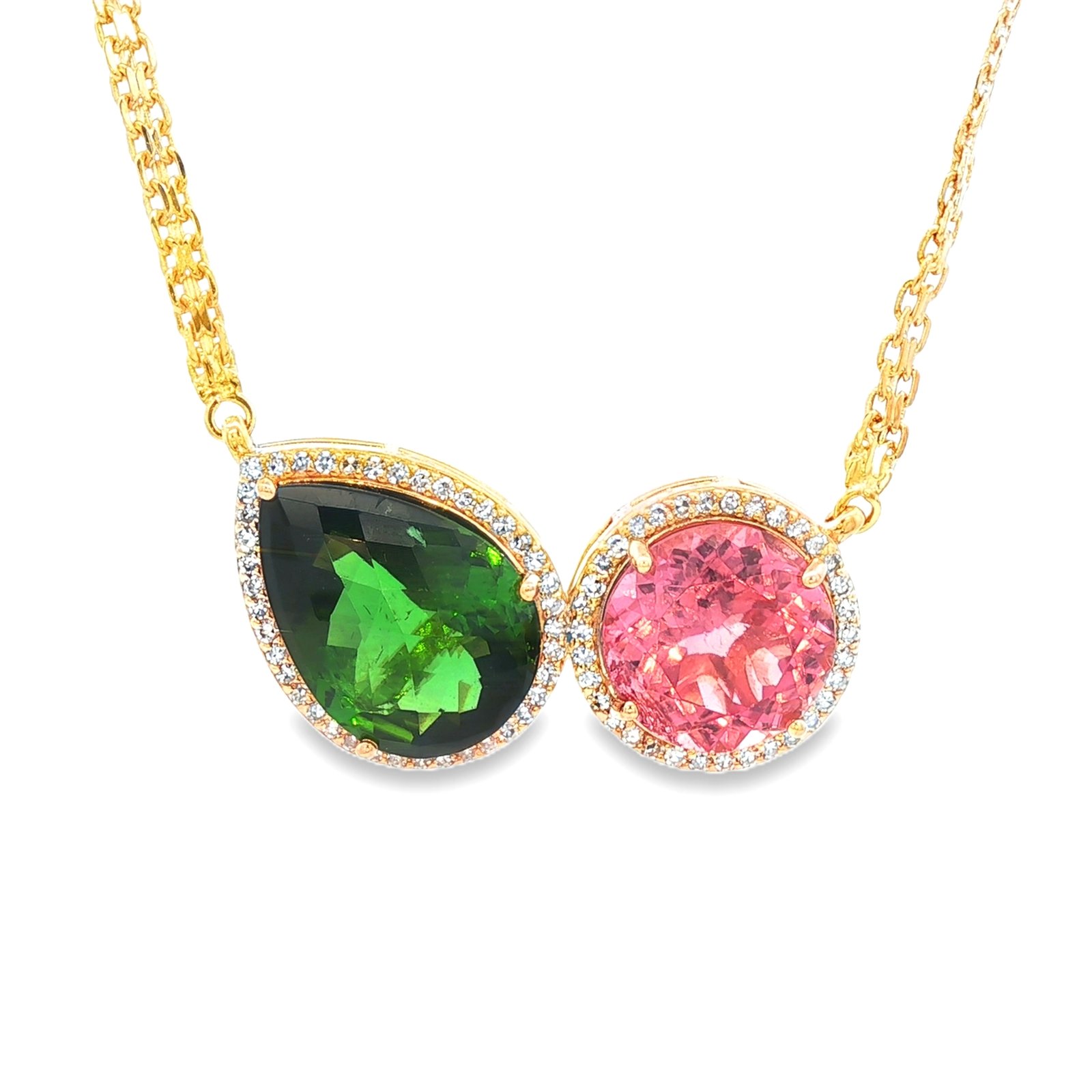 Duet Harmony Tourmaline and Diamond Halo Pendant Necklace