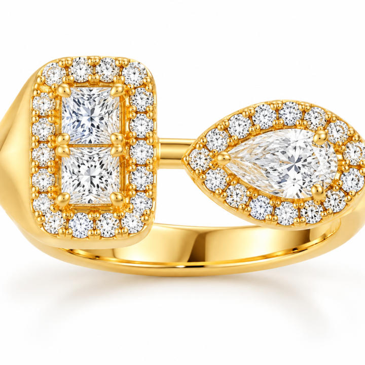 Two-Stone Halo Open Ring in 14K Yellow Gold