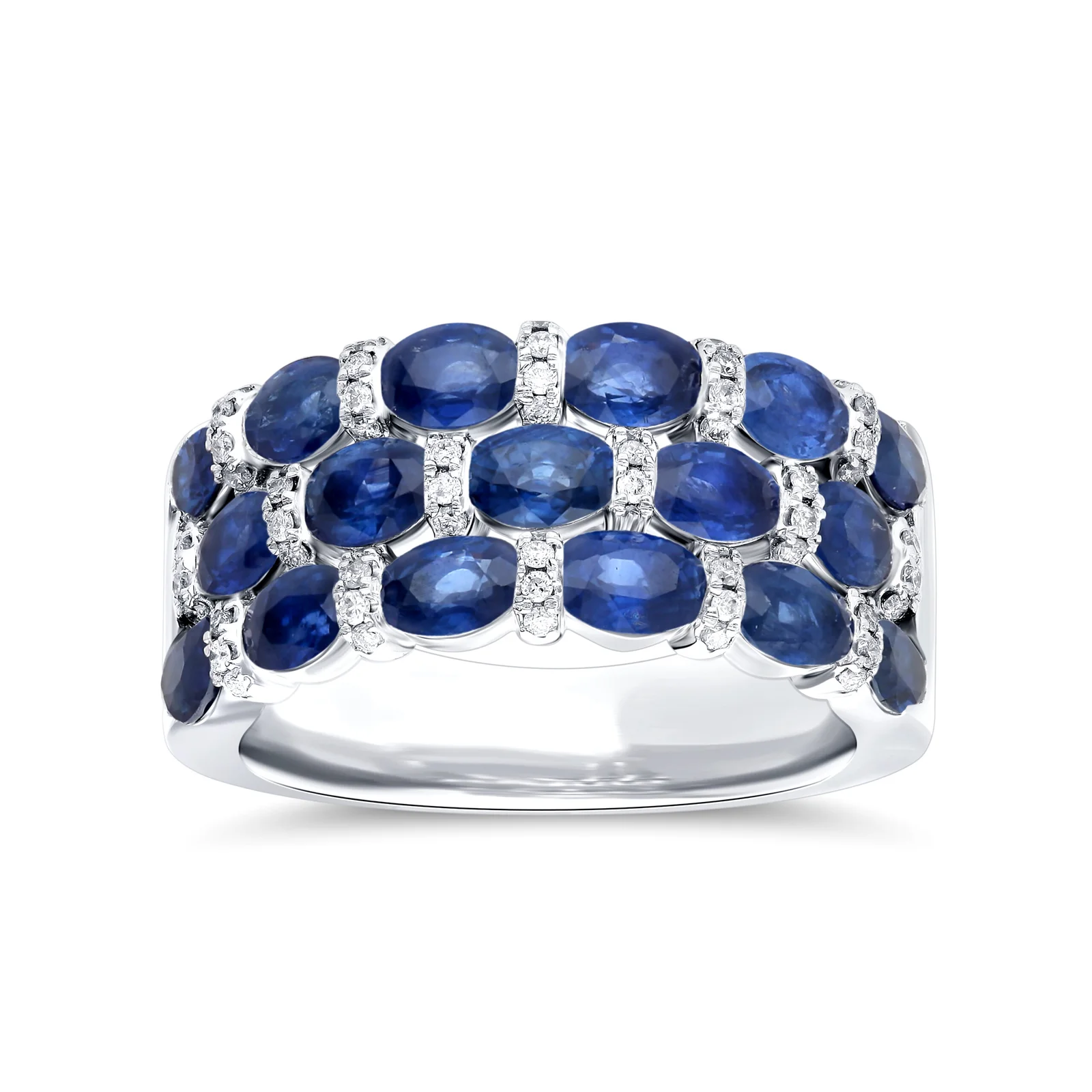 Triple Row Oval Sapphire & Diamond Accents Ring in White Gold