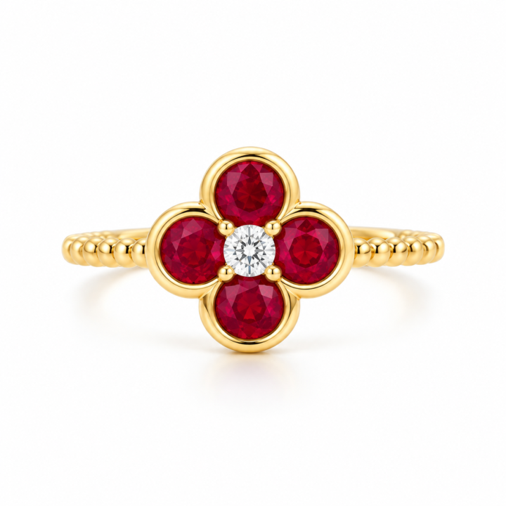 Yellow Gold Gemstone & Diamond Clover Fashion Ring