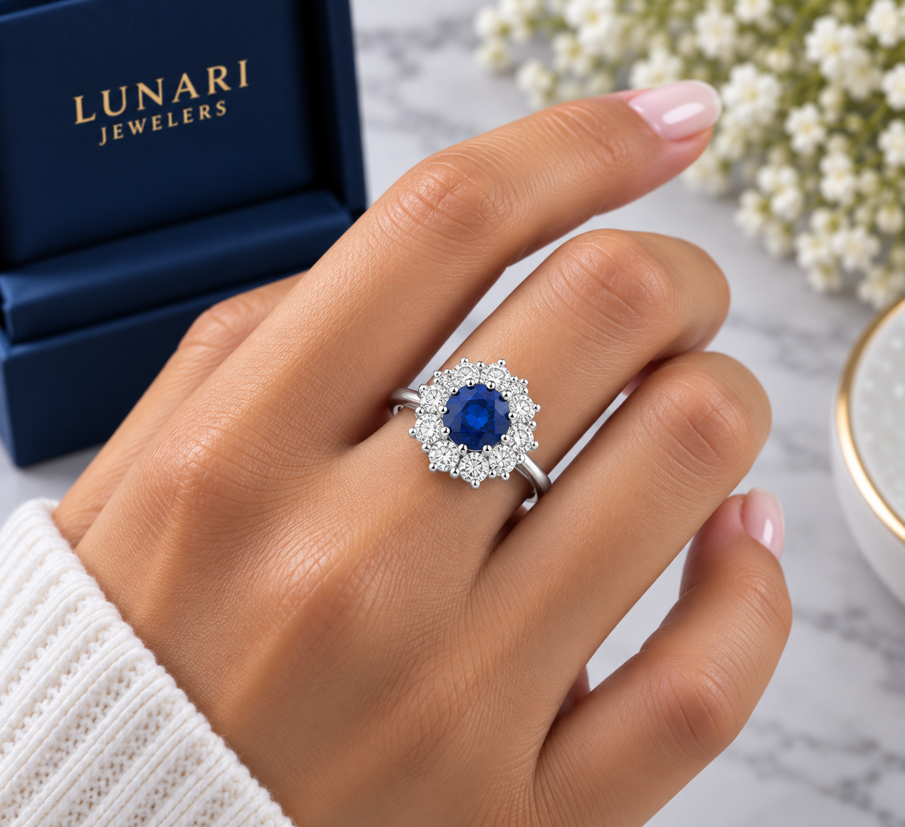 Classic Sapphire & Diamond Halo Ring in White Gold - Image 2