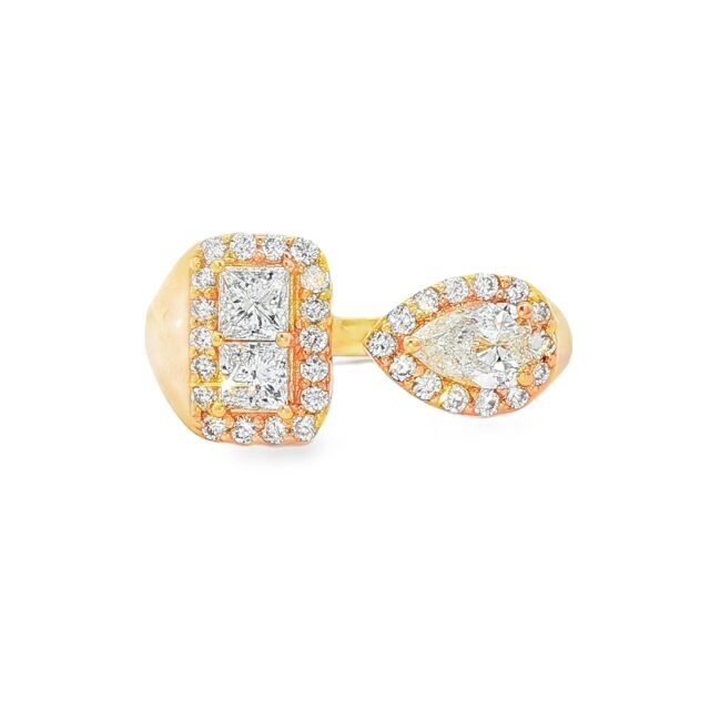 Two-Stone Halo Open Ring in 14K Yellow Gold