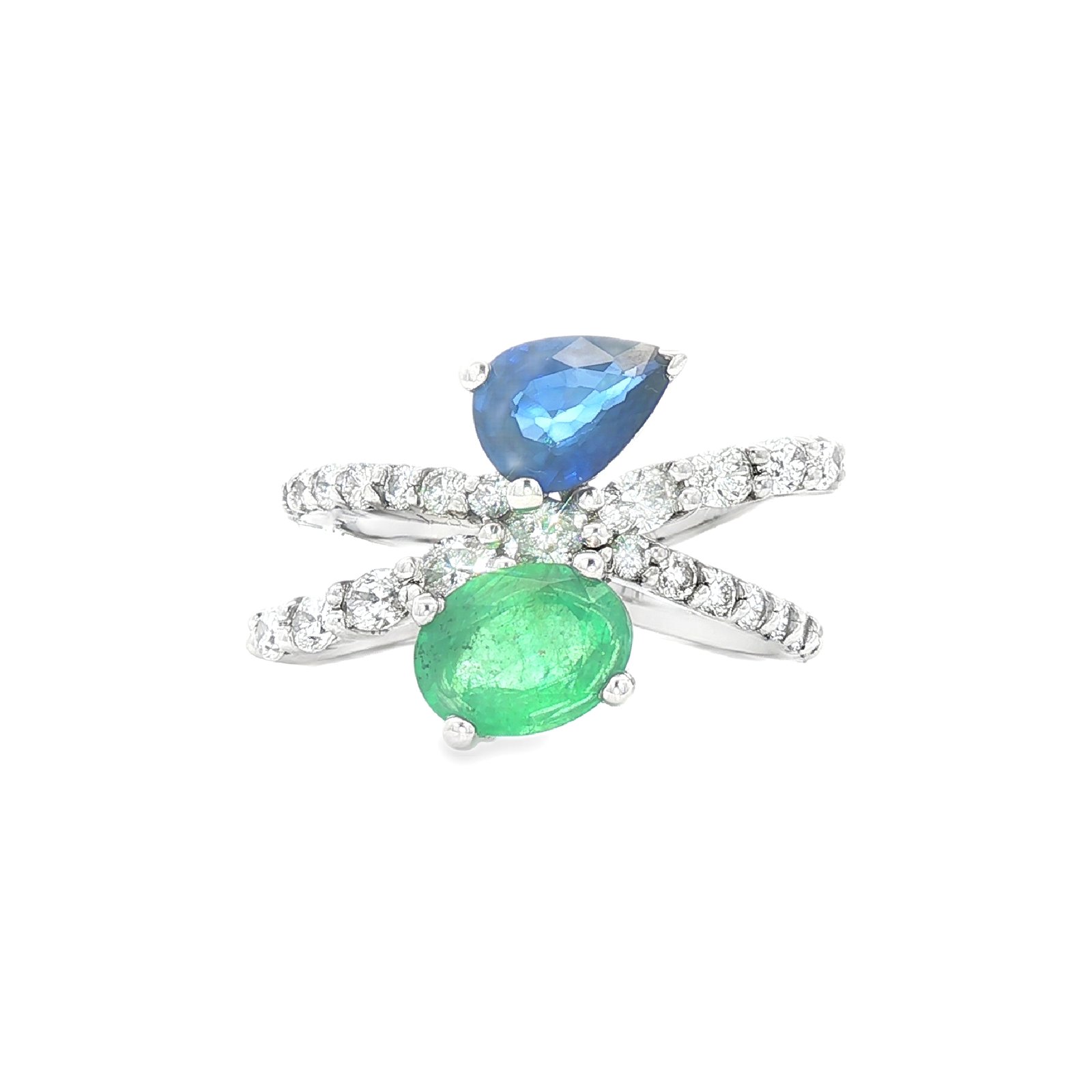 Sapphire and Emerald Duo Bypass Ring with Diamond Accents