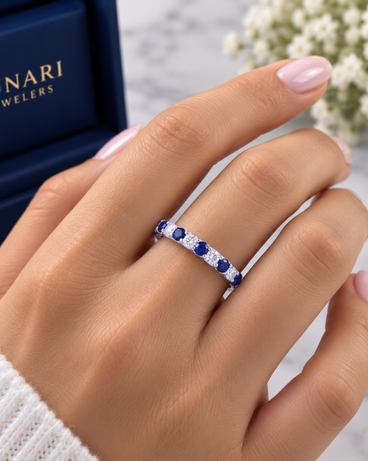 Classic Gemstone and Diamond Wedding Band in White Gold