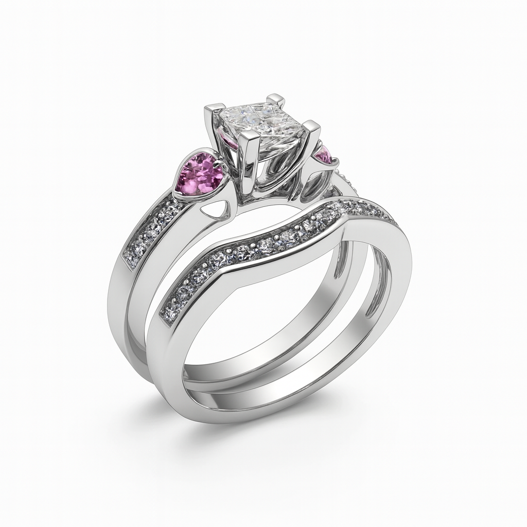 Princess-Cut Diamond and Pink Sapphire Bridal Ring