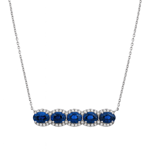 Five-Stone Oval Blue Sapphire & Diamond Halo Bar Necklace