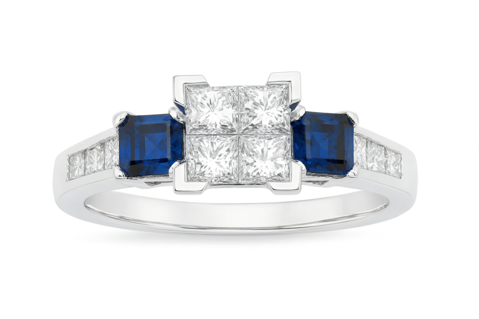 Princess Cut Cluster Diamond and Sapphire Three-Stone Engagement Ring