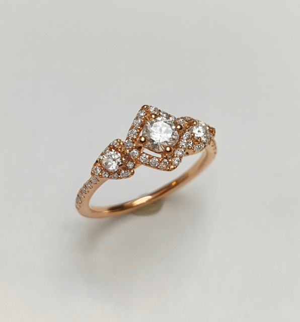 Vintage-Inspired Rose Gold Three stone Diamond Halo Ring