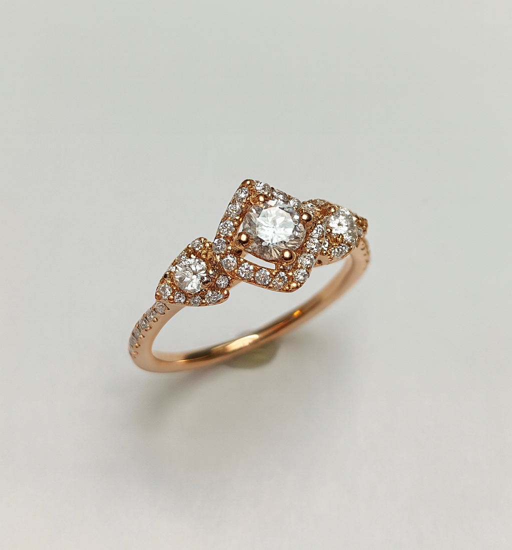 Vintage-Inspired Rose Gold Three stone Diamond Halo Ring