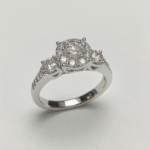 Classic Three-Stone Halo Diamond Engagement Ring in 14K White Gold