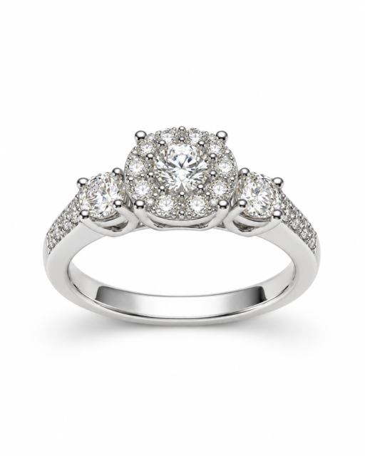 Classic Three-Stone Halo Diamond Engagement Ring in 14K White Gold