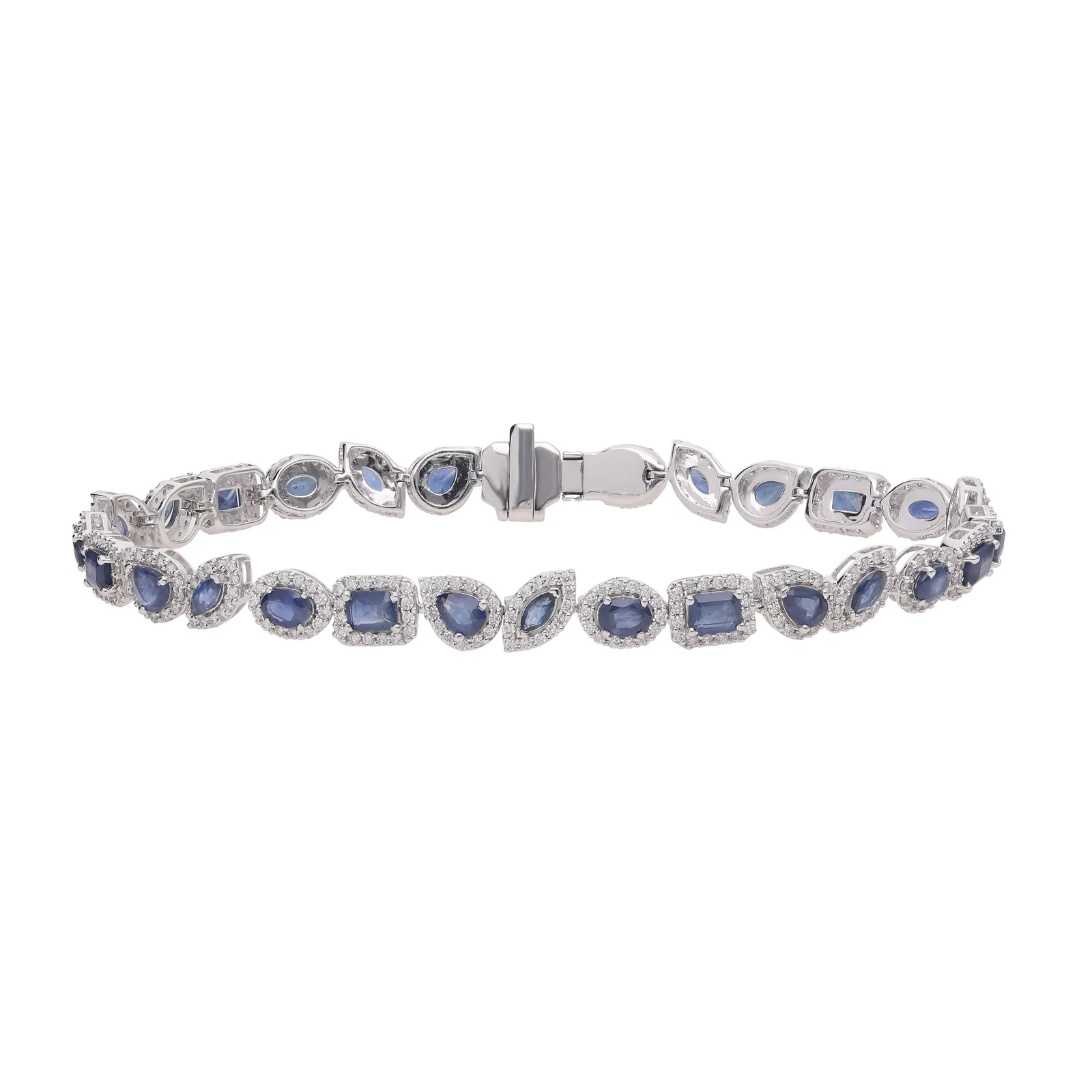 Mixed-Shape Blue Sapphire and Diamond Halo Bracelet