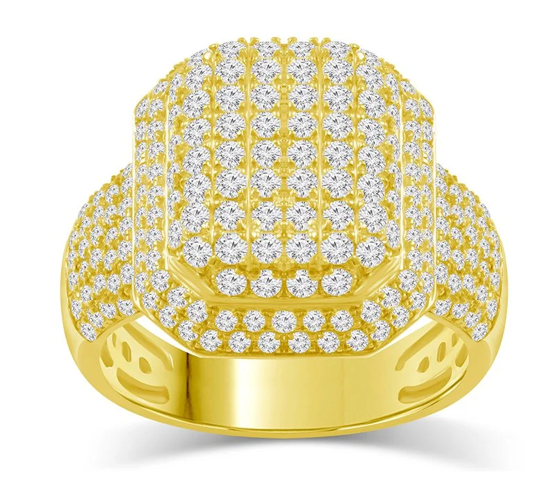 Men’s Iced-Out Rectangular Diamond Ring in 14K Yellow Gold