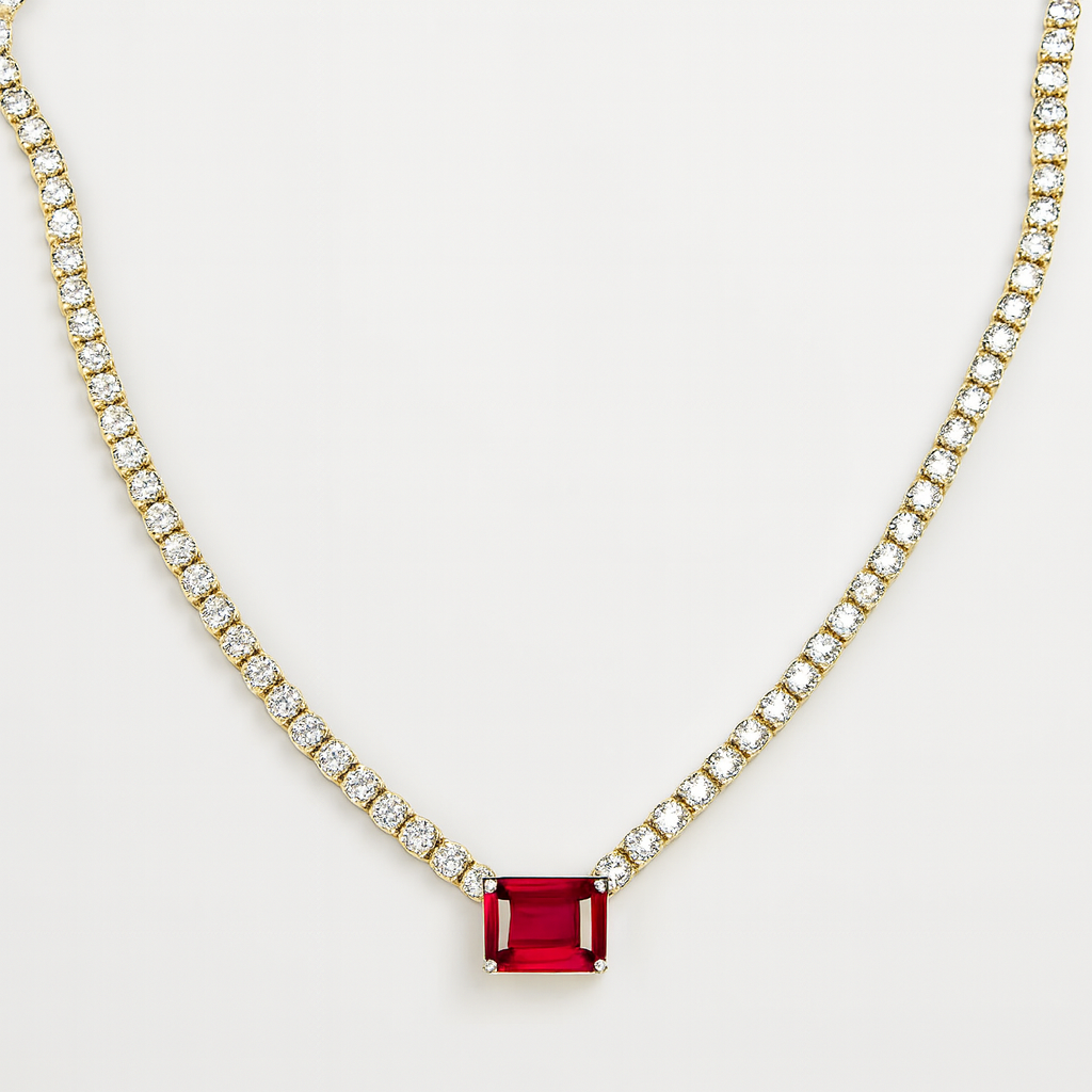 Emerald-Cut Ruby & Diamond Tennis Necklace
