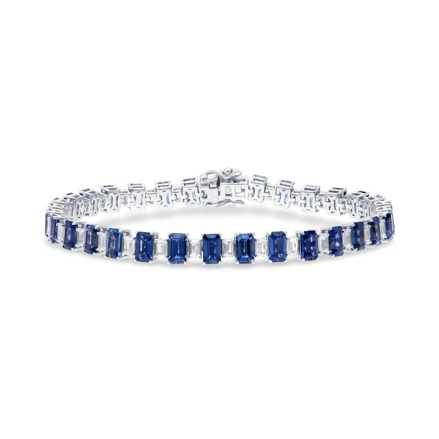 Emerald-Cut Blue Sapphire and Diamond Tennis Bracelet