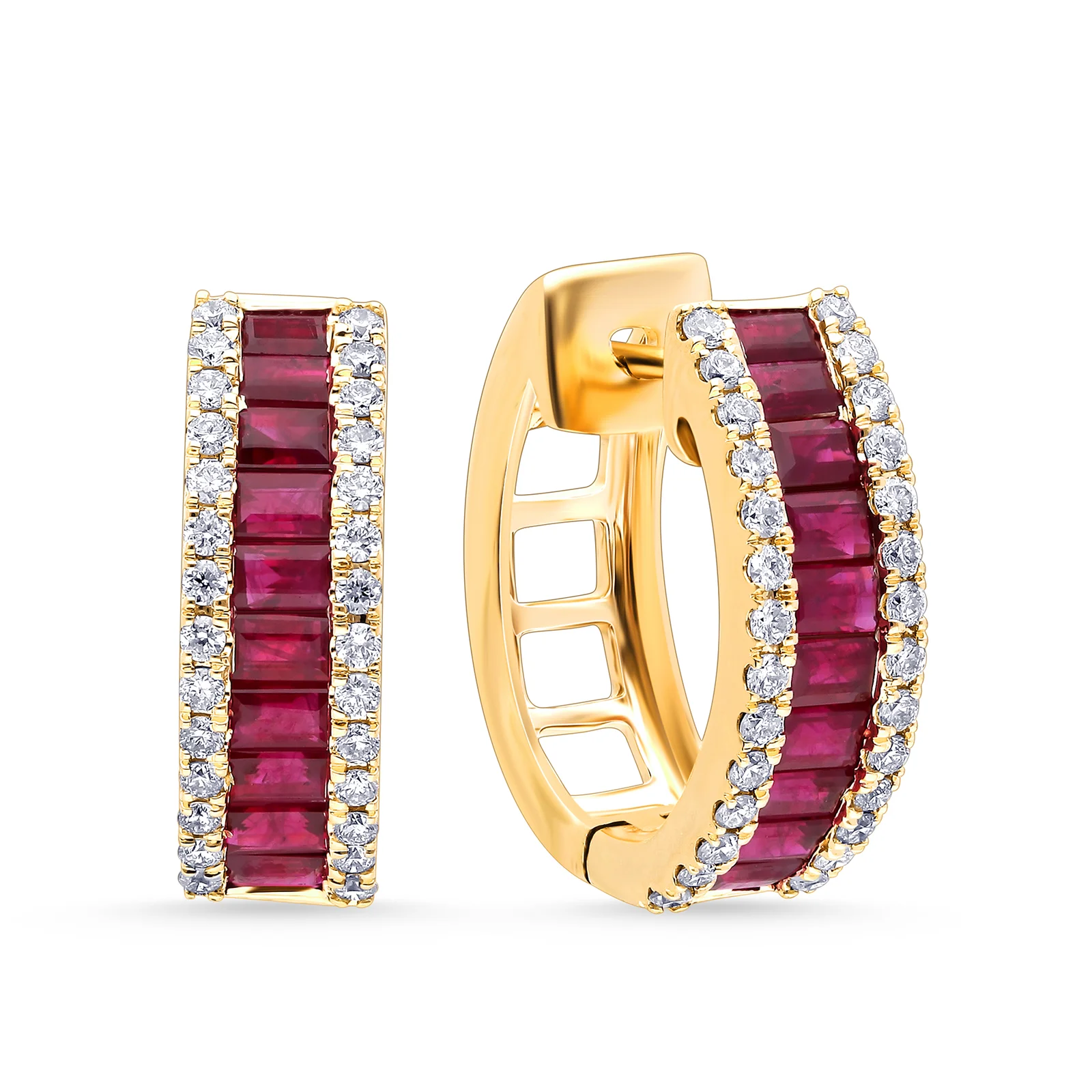 Ruby & Diamond Hoop Earrings in 14K Gold
