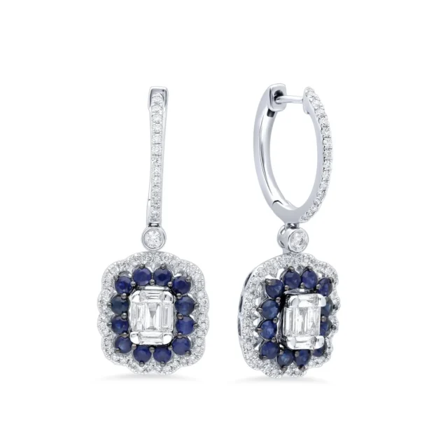 Emerald-Cut Diamond and Blue Sapphire Halo Drop Earrings in 18K White Gold