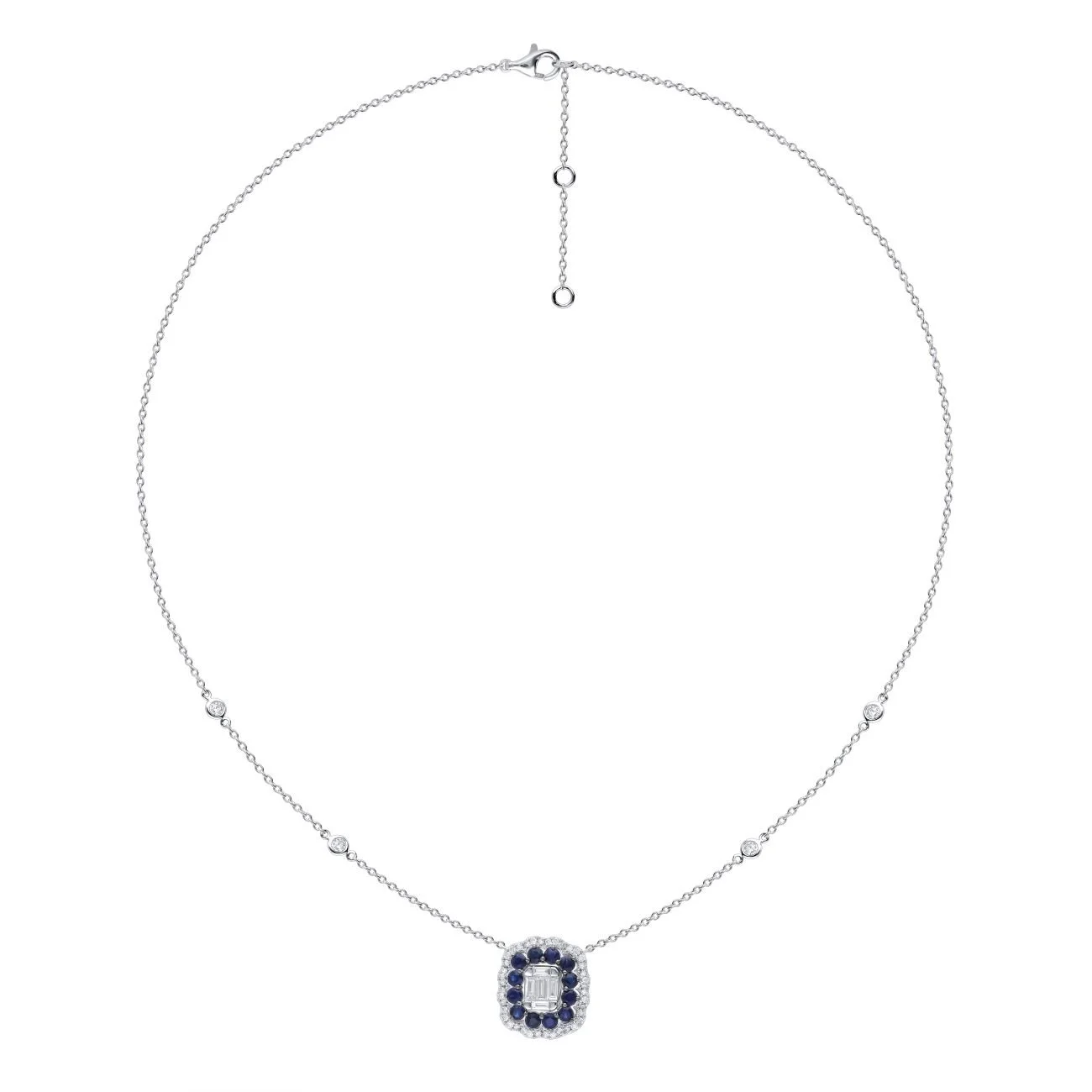 Emerald-Cut Diamond & Blue Sapphire Halo Pendant Necklace