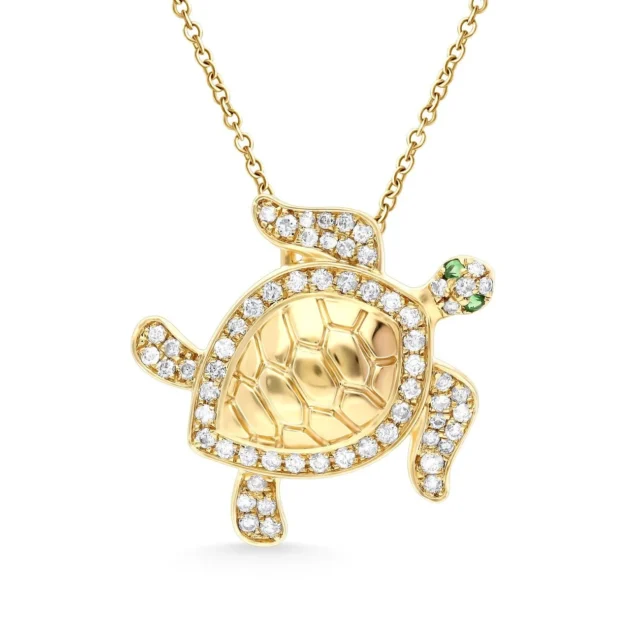 Diamond Sea Turtle Pendant Necklace in 14K Yellow Gold