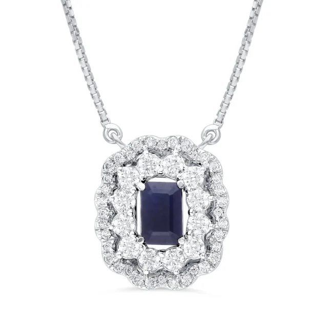 Double Halo Blue Sapphire & Diamond Pendant Necklace