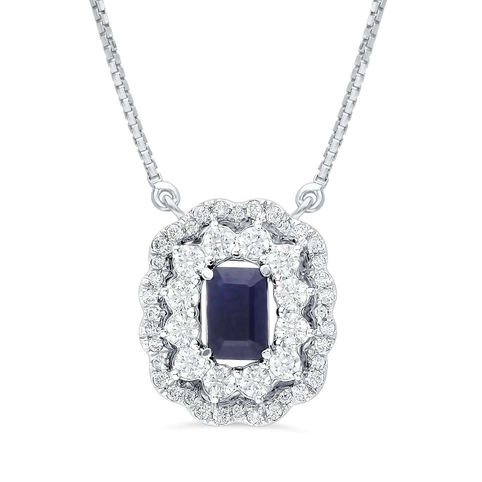 Double Halo Blue Sapphire & Diamond Pendant Necklace