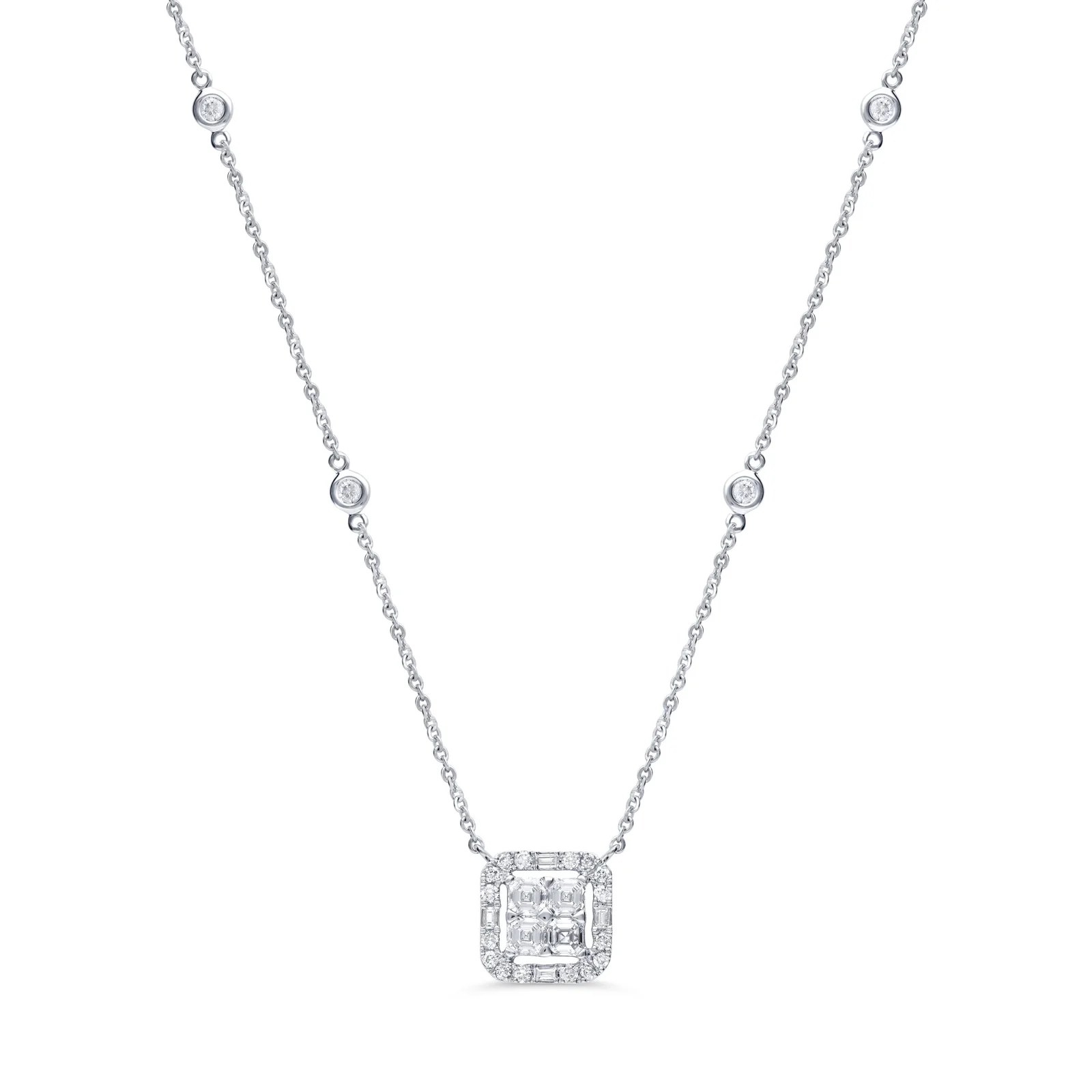 Emerald-Cut Inspired Composite Diamond Halo Pendant Necklace