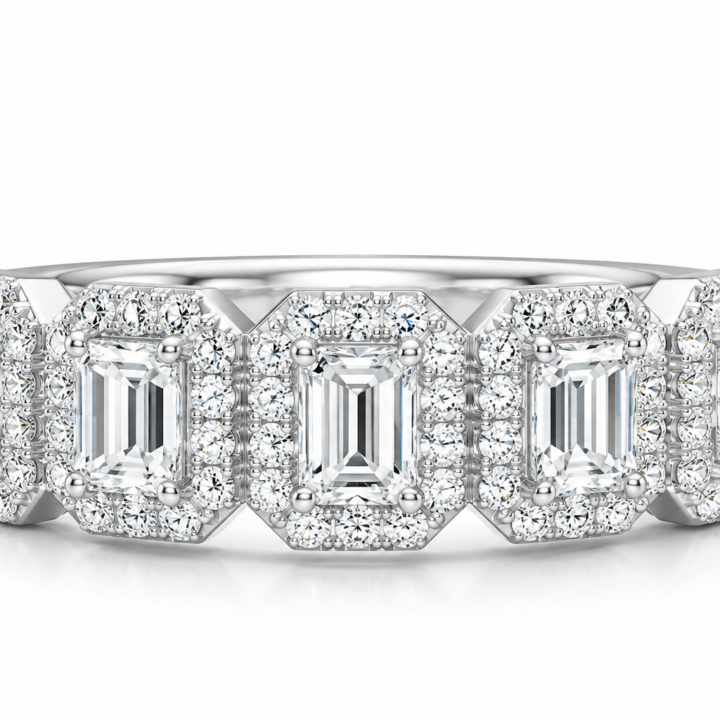 Emerald-Cut Diamond Halo Semi-Eternity Band