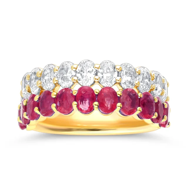 Gemstone and Diamond Two-Row Band Ring
