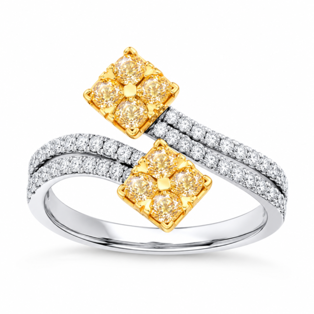 Yellow Diamond Double Cluster Ring in Two-Tone Gold