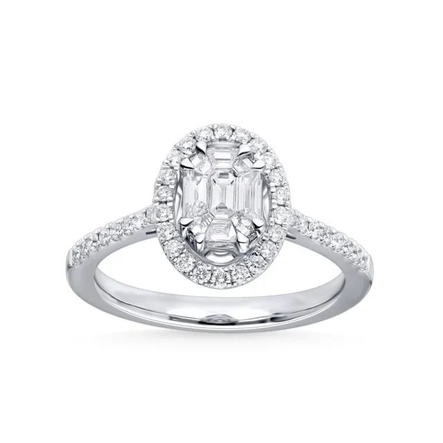 Oval Halo Diamond Engagement Ring with Emerald-Cut Center Illusion