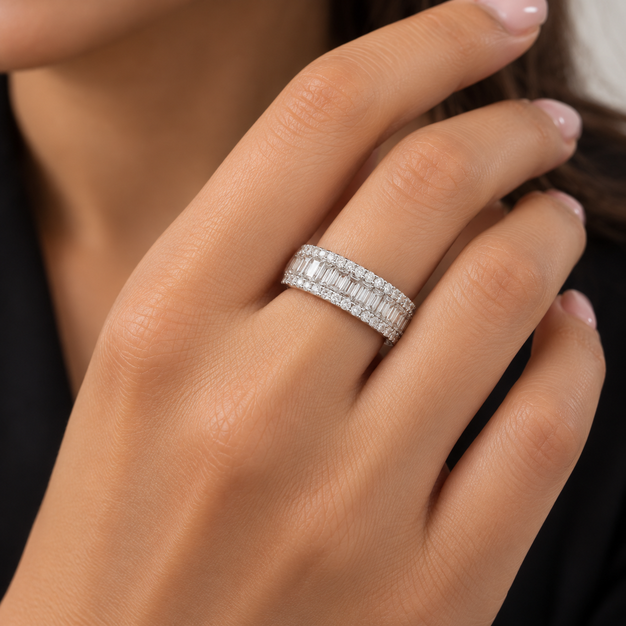 Baguette and Round Diamond Eternity Band in 14K White Gold - Image 2