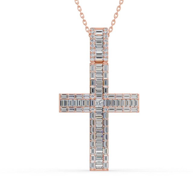 Gold Baguette Diamond Cross Pendant Necklace