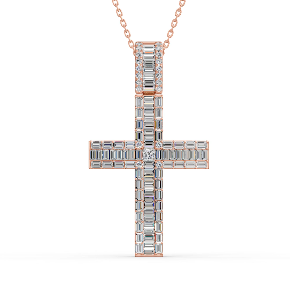 Gold Baguette Diamond Cross Pendant Necklace