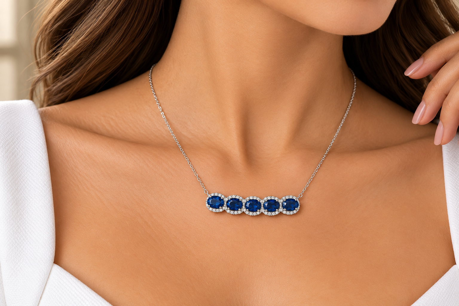 Five-Stone Oval Blue Sapphire & Diamond Halo Bar Necklace - Image 2