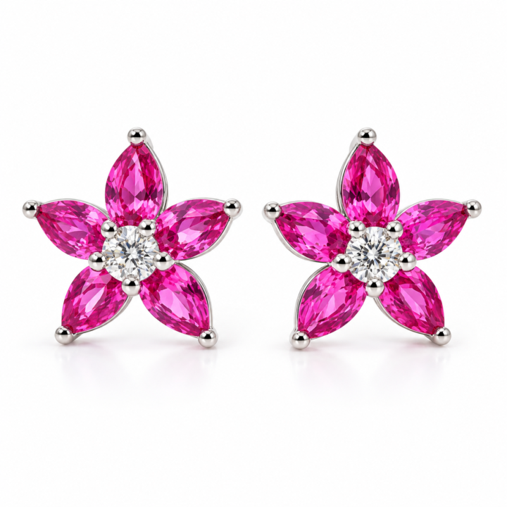 Pink Sapphire and Diamond Flower Stud Earrings