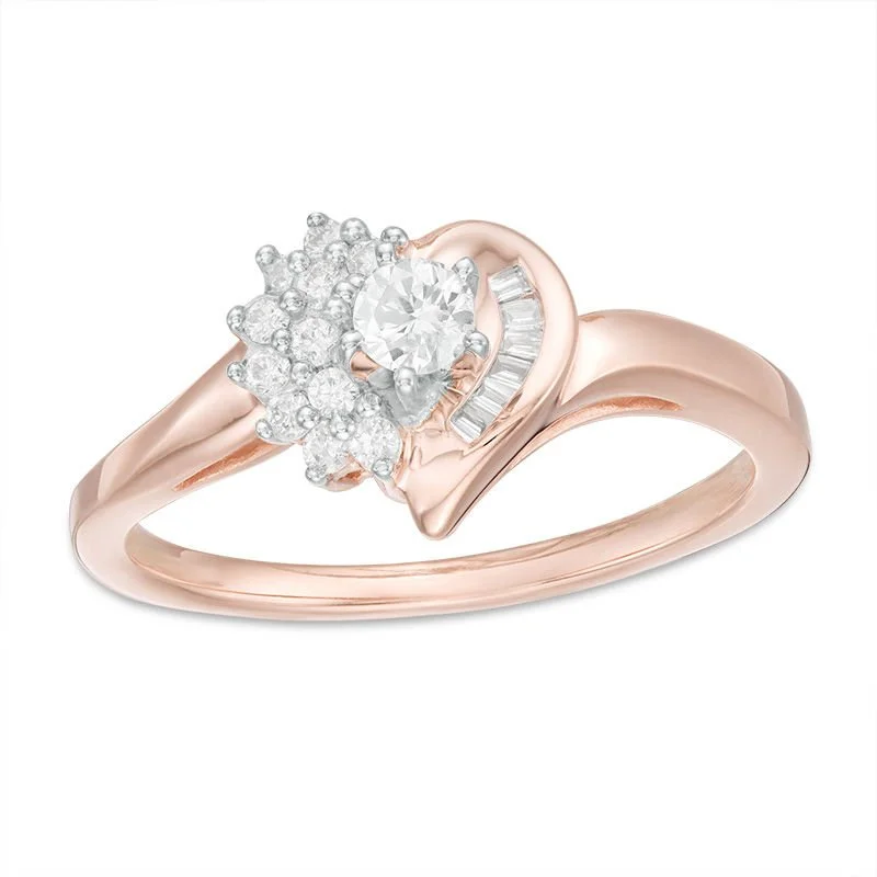 Rose Gold Diamond Cluster & Baguette Accent Engagement Ring