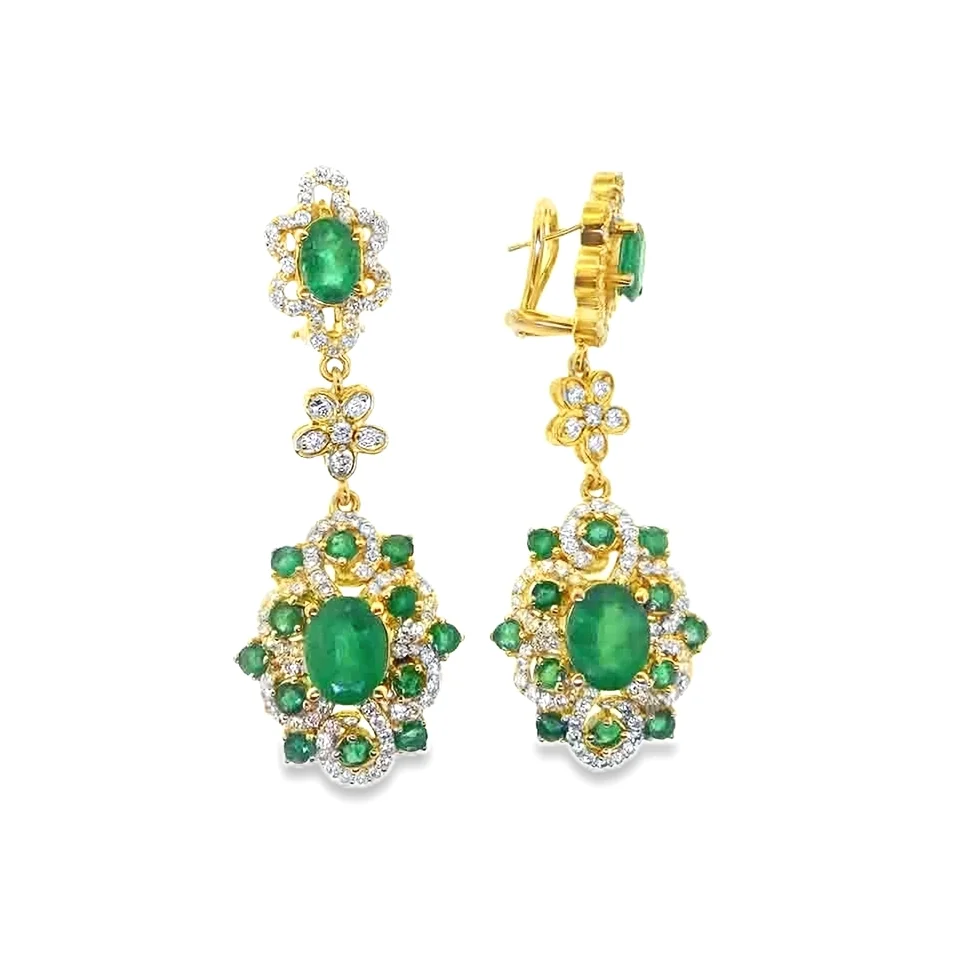 Ornate Emerald and Diamond Floral Drop Earrings