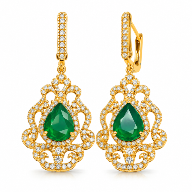 Teardrop Emerald  and Diamond Filigree Drop Earrings